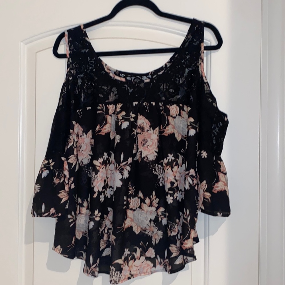 Open shoulder black floral top